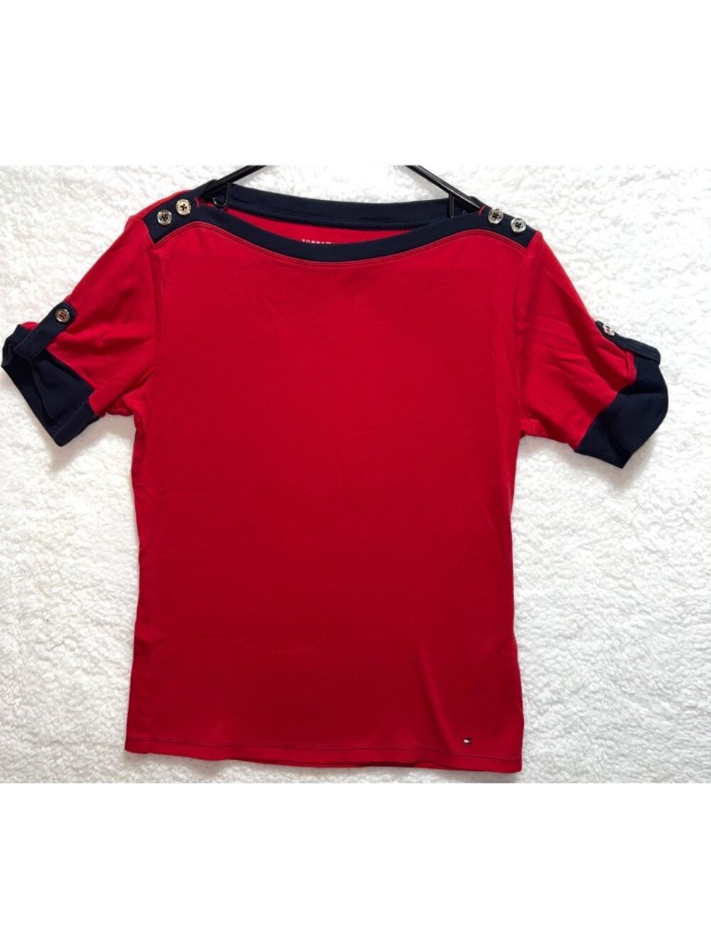Tommy Hilfiger Misses Large Red & Navy Button-Accent Short-Sleeve T-Shirt